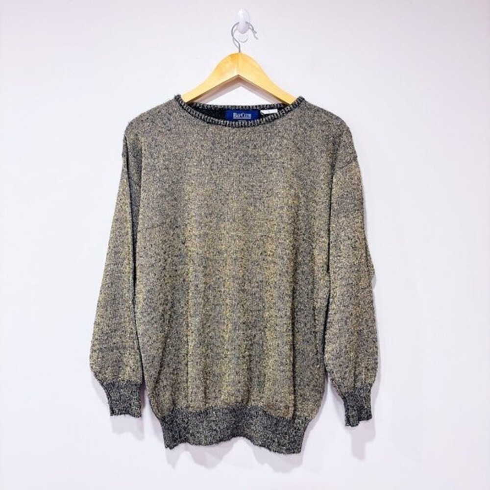 BAY CLUB Gold Black Metallic Knit Crew Neck Shimmer Sweater Medium